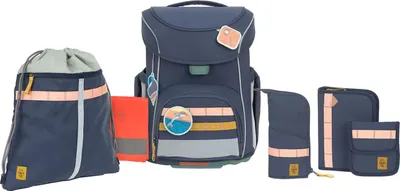 A collection of navy blue school bags and accessories, including a backpack, a drawstring bag, a pencil case, and a smaller pouch, arranged on a white background.