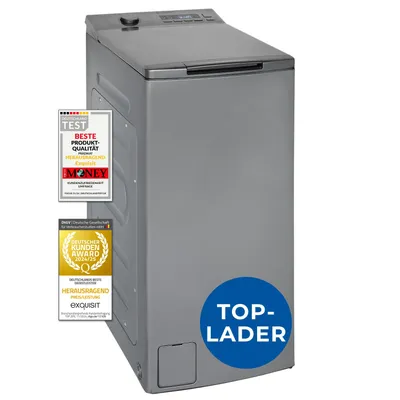Produktbild von Exquisit Waschmaschine 7,5kg, Toplader, Waschmaschine schmal, Energieklasse A, 1200 U/Min, Startzeitvorwahl, Kurzprogramm, LTO1207-030A silber-dunkel