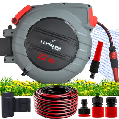 Zdjęcie produktu dla Bęben zwijacz na wąż ogrodowy automatyczny Lehmann LGAHR-2060, 22m węża 1/2 cala, złączki 1/2+3/4 cala