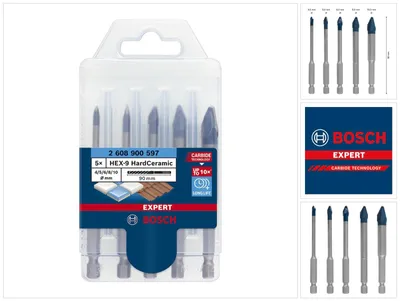 Produktbild von Bosch 2608900597 Bohrersatz für weiche Fliesen, harte Fliesen - 5 Stücke - 5 mm, 6 mm, 8 mm, 10 mm, 4 mm - Länge: 90 mm