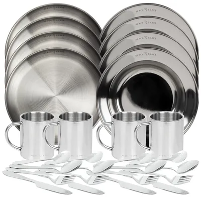 Produktbild von Camping Geschirr Set Edelstahl 4 Personen Teller Tassen Besteck Outdoor