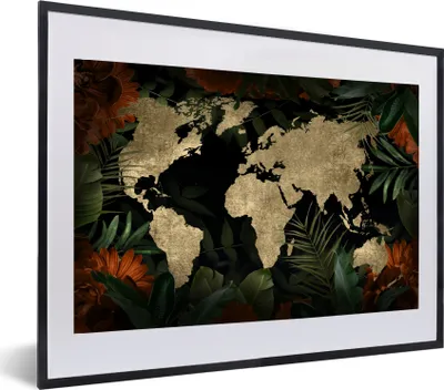 Produktbild von MuchoWow® MuchoWow® Gerahmtes Poster Weltkarte - Vintage - Blätter 60x40 cm - Poster mit zchwarzem Bilderrahmen - Schlafzimmer - Plakat in Rahmen - Drucken