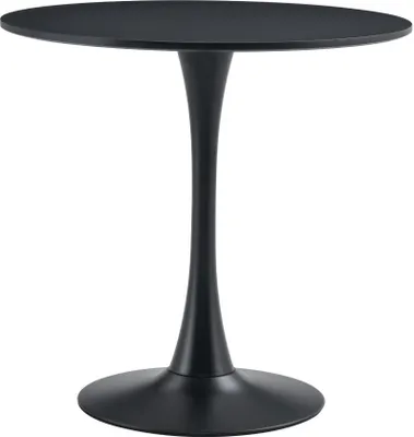 A black round dining table with a pedestal base.