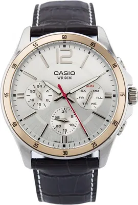 A close-up studio shot of a Casio men's watch with a leather strap.