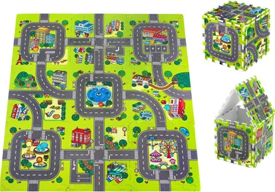 Productafbeelding van Educatieve puzzelmat van schuim, 90 x 90 x 1 cm met rand - Gemaakt van EVA-schuim - Patroon: stad, wegen, straten