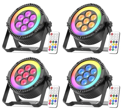 Produktbild von LED-PAR-Scheinwerfer - DMX-Bühnenbeleuchtung - 4er-Set - 7 RGBW-LEDs - 48 SMD RGB-Ring - Stroboskop-Effekt - EU-Stecker