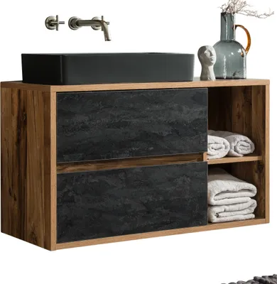 Produktbild von Waschtischunterschrank 100 cm Keramik-Waschbecken HARLOW-56 Eiche mit Beton Dunkel, B/H/T ca. 100/71/46 cm