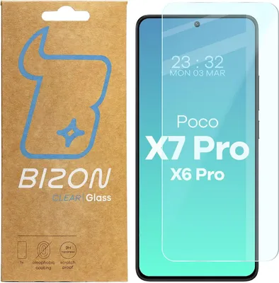 The image shows a product packaging on the left and a smartphone screen protector on a smartphone on the right.
