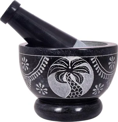 Immagine prodotto di Mortaio e pestello, in pietra dura molto resistente e levigata, macinino in pietra naturale per spezie, pasta, erbe, spezie ecc. (palma)