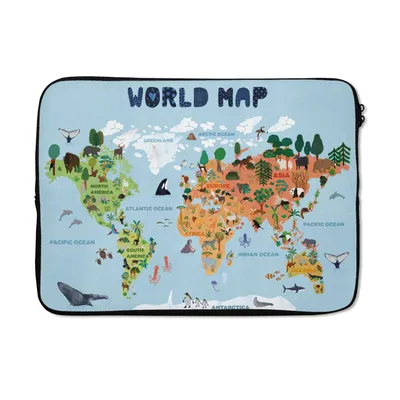 Produktbild von MuchoWow® Laptop Hülle 14 ZollWeltkarte - Kinder - Tiere - Bäume Laptoptasche - Laptoptasche - Stoßsicher - Schutzhaube