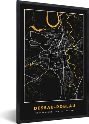 Produktbild von MuchoWow® Gerahmtes Poster Schwarz und Gold - Stadtplan - Desseau Roßlau - Deutschland - Karte 60x90 cm - Poster mit Schwarzem Bilderrahmen Wandposter Rahmen Foto Bilder - Kunst