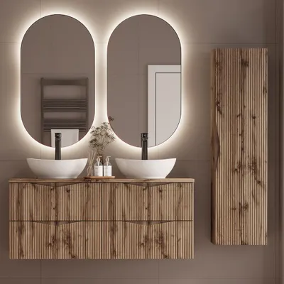 Produktbild von Badmöbel-Set 4-teilig mit 120 cm Doppelwaschtisch & 2 LED-Spiegeln in Eiche mit gerillter Front - CALURI-140