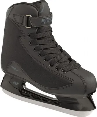 A black ice hockey skate is shown against a white background.