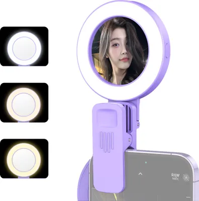 Obrázok produktu pre Pripínateľný prstencový svetelný krúžok na selfie pre telefón so zrkadlom na selfie, 3 režimy osvetlenia, 3 úrovne jasu, otočný o 180°, vstavaná batéria, prenosná náhrada za doplnkové osvetlenie na selfie pre iPhone 15/14/13/12, smartfóny s Androidom, videokonferencie, vlogovanie, živé vysielanie, líčenie