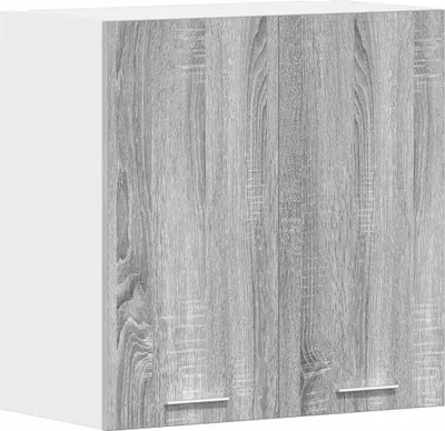A studio shot of a gray wood-effect cabinet with a white side panel.