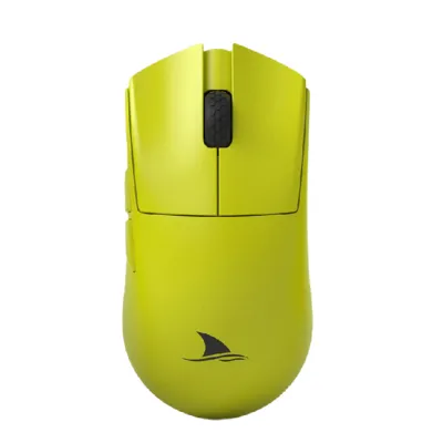 A bright yellow gaming mouse with a black scroll wheel and a black shark logo on a white background.