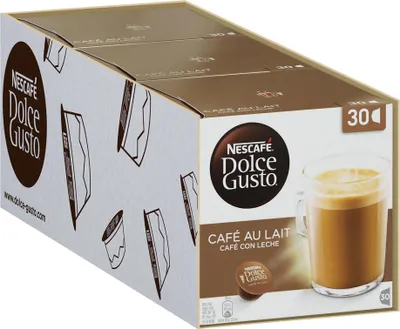 A box of Nescafé Dolce Gusto Café au lait coffee capsules.