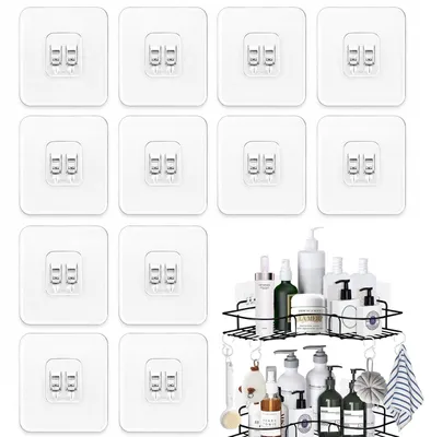 12 selbstklebende Haken, transparent, für Duschregal & Bad, ohne Bohren