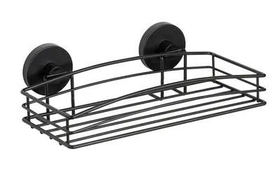 A black wire shower caddy with two suction cups for mounting.