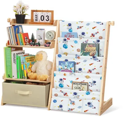 Image de Étagère à livres pour enfants Azomor avec quatre étagères et trois compartiments ouverts pour les jouets