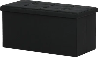 A black storage ottoman is shown from a side angle against a white background.