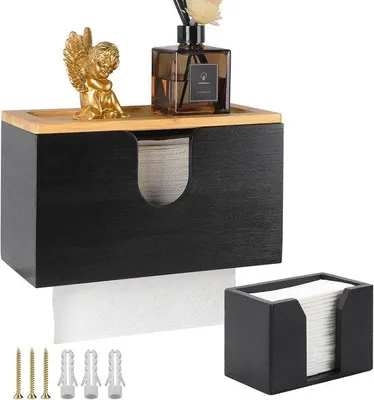 Produktbild von Handtuchspender-Set aus Bambus, 27,5 x 16 x 13 cm – Wandspender + Taschentuchbox – geeignet für H2-Papierhandtücher