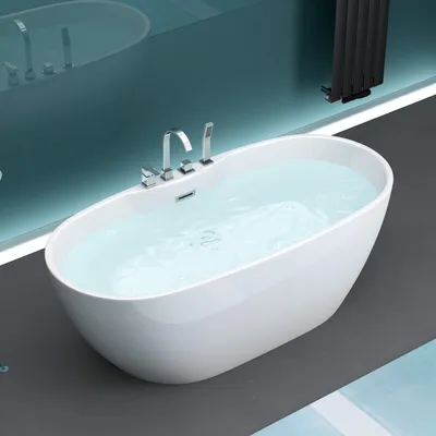 A freestanding bathtub filled with water, with a modern faucet and shower head attached.