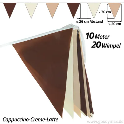 Produktbild von goodymax Wimpelkette Cappuccino-Creme-Latte, 10m Gesamtlänge, 20x30cm Wimpelgröße, 100% Folie, wasserfest, dreieckig, 20 Wimpel, 70cm Befestigungsband, beidseitig, für Garten, Party, Geburtstag, Hochzeit, Feste