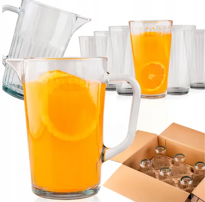 Zdjęcie produktu dla SuperButelki - zestaw dzbanek szklany 1l ARVID, szklanki 6 sztuk, 370ml, na wodę, napoje, sok, grube szkło ryflowane, z uchem, praktyczny, uniwersalny