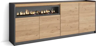 Produktbild von Sideboard, Highboard, 207x37x80cm, 4 Türen, Elektrokamin., Eiche Schwarz