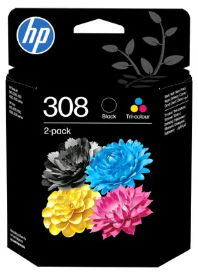 Obrázek produktu pro HP Originální černá/tříbarevná inkoustová kazeta 308 balení 2 ks, Standardní výtěžnost, Černá, Azurová, Purpurová, Žlutá, Inkoust na bázi barvy, Inkoust na pigmentové bázi, 2 kusů, 160 str.