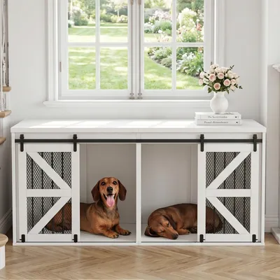 Image de Cage pour chien Fliek avec portes coulissantes et séparation, chenil pour 2 chiens, meuble TV/console de 160x60x75 cm, blanc