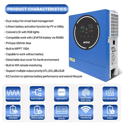 Produktbild von Hybrid-Wechselrichter 5 kW, 48 V - Zweifachausgang 220-240 V - MPPT-Laderegler 100 A - Mit WLAN