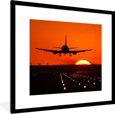 Produktbild von MuchoWow® Gerahmtes Poster Sonnenuntergang - Flugzeug - Orange - Sonne 40x40 cm - Poster mit Schwarzem Bilderrahmen Wandposter Rahmen Foto Bilder - Poster - Plakat im Rahmen