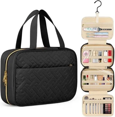 Produktbild von Ultiluxe Hängende Kosmetiktasche für Damen - große Reisetasche - 4 Fächer - Reise- und Toilettenartikel - 28 x 19 x 7,5 cm - Schwarz/Gold