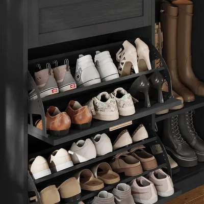 Produktbild von AODEMOKO Schuhschrank mit 2 Klappen, Schuhkipper Schmal, Schuhschrank mit 1 Schublade, Schrank, Trennwand Verstellbar, 30 x 100 x 104 cm, Schwarz