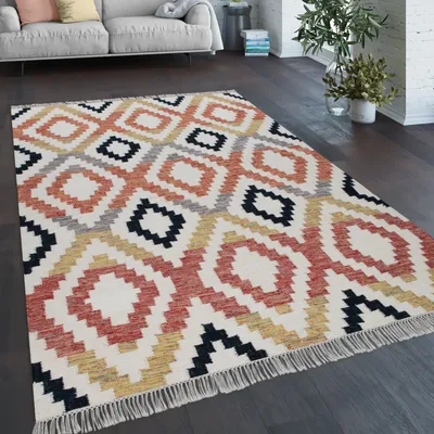 Produktbild von Teppich Wohnzimmer Boho Fransen Handgewebt Wolle Baumwolle Rot Schwarz Gelb Creme Grösse 200x300 cm