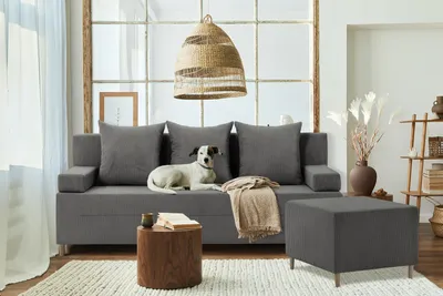 Produktbild von Couch FIREZE mit Puff 3in1 SATZ - Sofa mit Schlaffunktion - Schlafcouch mit Bettkästen - Dunkelgrau, Grau