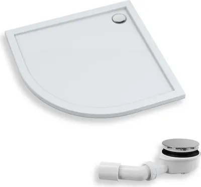 A white shower tray and a white drain assembly are shown against a white background.
