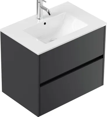 A modern vanity sink with a dark gray cabinet and a chrome faucet.