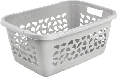 A light gray laundry basket with a cutout pattern on a white background.