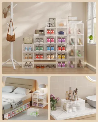 Produktbild von Schuhboxen 6er Set, aus Kunststoff, stapelbar quer und längs, Magnettverschluss, durchsichtig, bis Größe 46, weiß