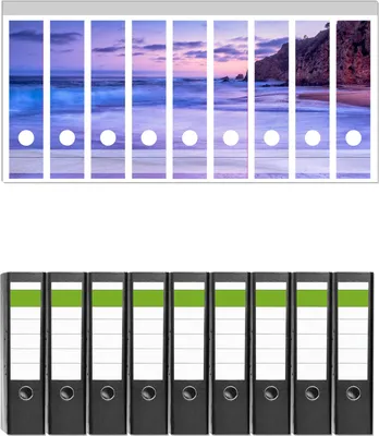 Produktbild von Wallario 9 Stück breite Ordner inkl. Klebeetiketten mit Motive Kalifornischer Strand am Abend mit Felsenküste -  Set mit Rückenschildern / Ordnerrücken Stickern
