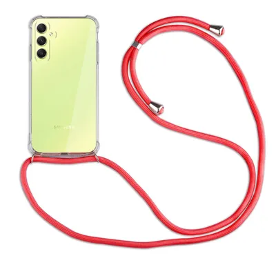 A clear product shot of a phone case with a red lanyard attached, set against a white background.