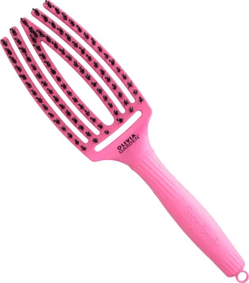A pink hairbrush on a white background.