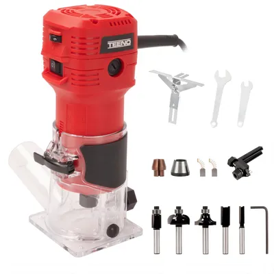 Zdjęcie produktu dla Frezarka do drewna TEENO 650W 15000-32000 obr/min z przyłączem do odsysania pyłu, 5 frezów 1/4", 6 prędkości, tuleja zaciskowa 6MM,6,35MM