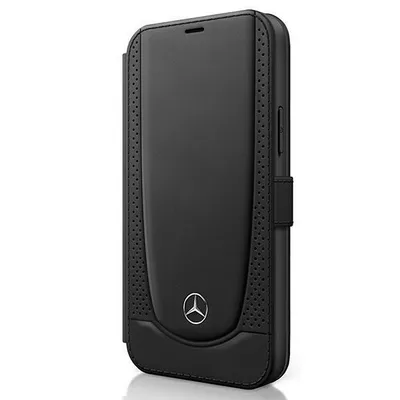 A black flip case for a smartphone, with the Mercedes-Benz logo on the front.
