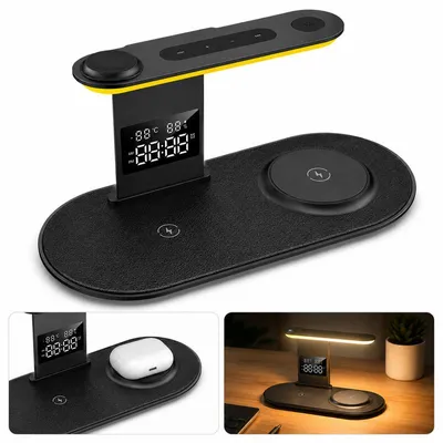 Produktbild von 6-in-1 Wireless Charger mit 15 W, 3-fach Ladestation für Smartphone, Smartwatch & Kopfhörer, LED-Nachtlicht, Uhr & Wecker
