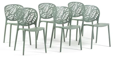 Image de Lot de 6 chaises empilables pour l'intérieur et l'extérieur en polypropylène renforcé de fibre de verre, dossier à motif de feuilles, pour jardin, terrasse, bar, restaurant - Licia Vert