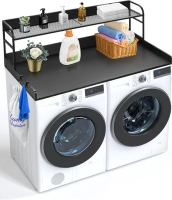 Image de Plan de travail pour lave-linge séchant avec étagère à 2 niveaux - Support pour lave-linge noir - Peu encombrant et pratique